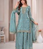 Grey fandy silk embroidery party wear sharara  suit set
