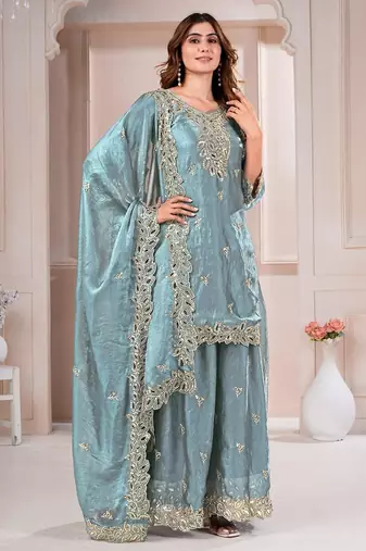 Grey fandy silk embroidery party wear sharara  suit set