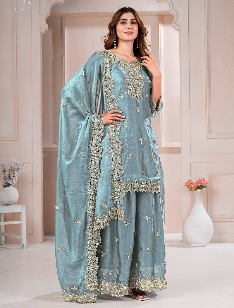 Grey fandy silk embroidery party wear sharara  suit set