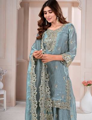 Grey fandy silk embroidery party wear sharara  suit set 3