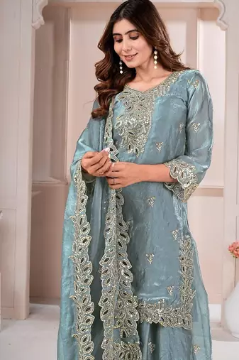 Grey fandy silk embroidery party wear sharara  suit set