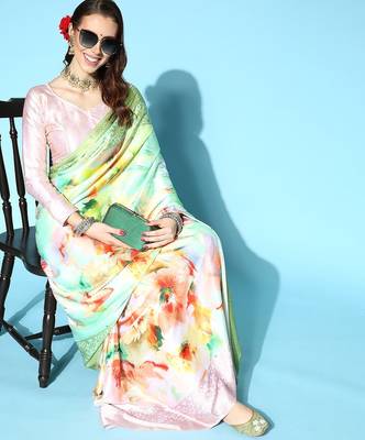 green floral satin saree with printed border 1