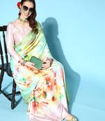 green floral satin saree with printed border