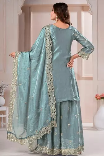 Grey fandy silk embroidery party wear sharara  suit set