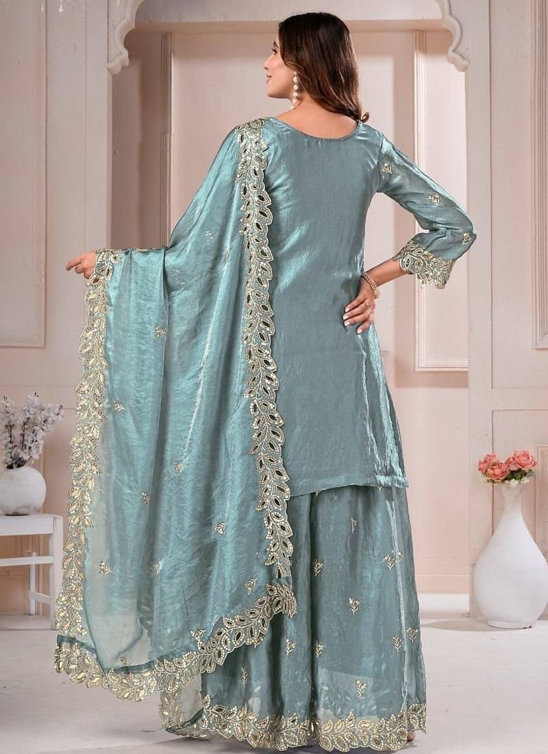 Grey fandy silk embroidery party wear sharara  suit set