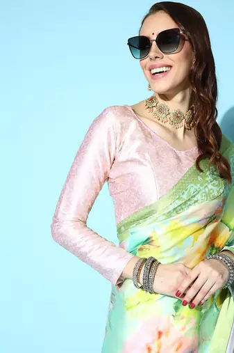 green floral satin saree with printed border