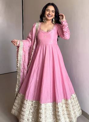 Baby pink embroidered anarkali kurta set with pant and dupatta for women 1