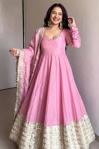 Baby pink embroidered anarkali kurta set with pant and dupatta for women