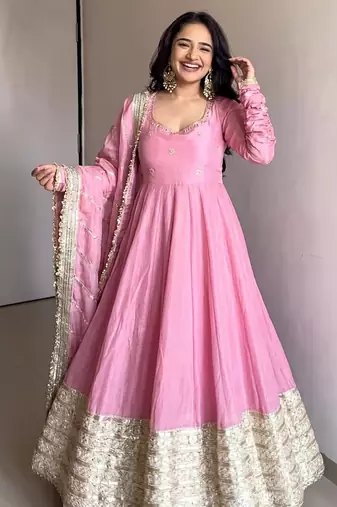Baby pink embroidered anarkali kurta set with pant and dupatta for women