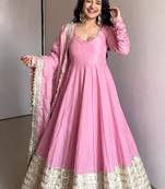 Baby pink embroidered anarkali kurta set with pant and dupatta for women