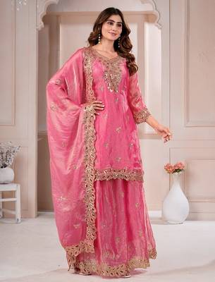 Pink  fandy silk embroidery party wear sharara  suit set 1