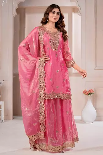 Pink  fandy silk embroidery party wear sharara  suit set