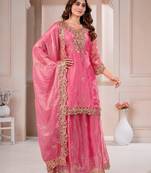 Pink  fandy silk embroidery party wear sharara  suit set