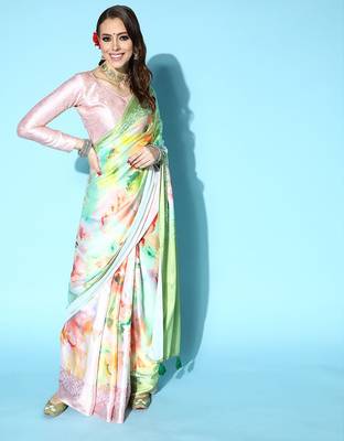green floral satin saree with printed border 3