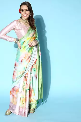 green floral satin saree with printed border