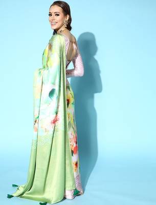 green floral satin saree with printed border 4