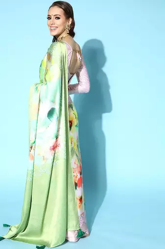 green floral satin saree with printed border