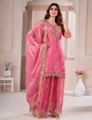 Pink  fandy silk embroidery party wear sharara  suit set 2