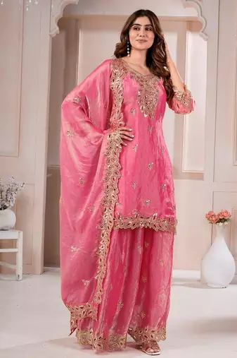 Pink  fandy silk embroidery party wear sharara  suit set