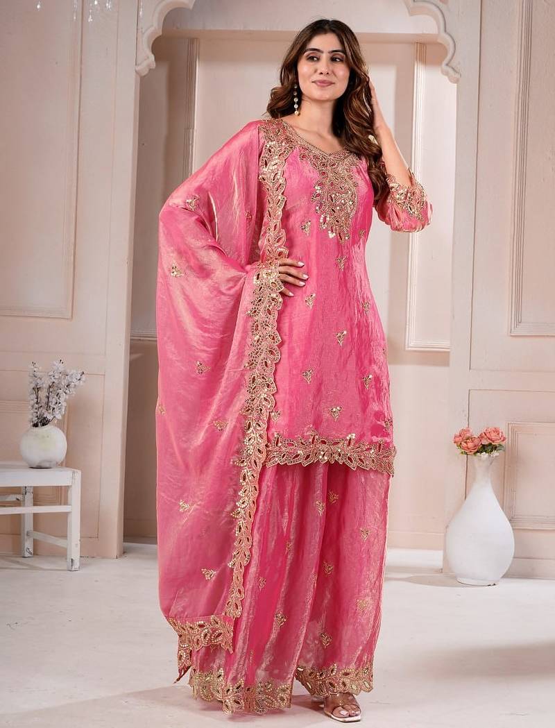 Pink  fandy silk embroidery party wear sharara  suit set