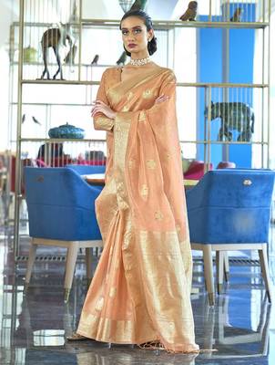 peach peach-coloured & gold-toned floral zari banarasi saree 1