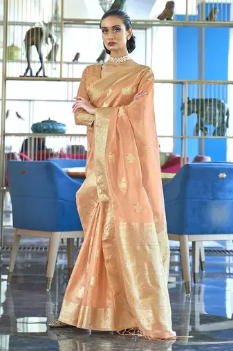 peach peach-coloured & gold-toned floral zari banarasi saree
