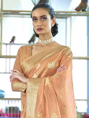 peach peach-coloured & gold-toned floral zari banarasi saree 2
