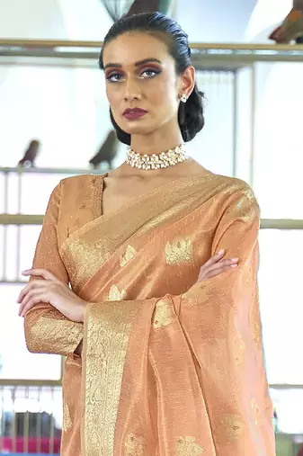 peach peach-coloured & gold-toned floral zari banarasi saree