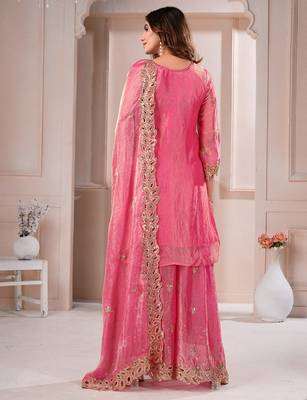 Pink  fandy silk embroidery party wear sharara  suit set 3