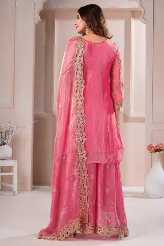 Pink  fandy silk embroidery party wear sharara  suit set