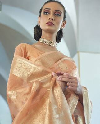 peach peach-coloured & gold-toned floral zari banarasi saree 3