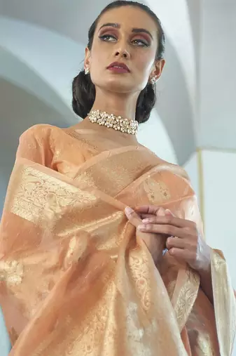 peach peach-coloured & gold-toned floral zari banarasi saree