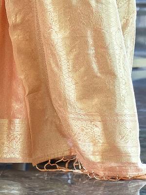 peach peach-coloured & gold-toned floral zari banarasi saree 4