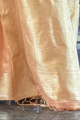 peach peach-coloured & gold-toned floral zari banarasi saree