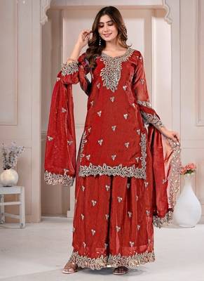 Red fandy silk embroidery party wear sharara  suit set 1