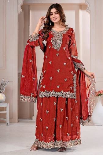Red fandy silk embroidery party wear sharara  suit set