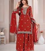 Red fandy silk embroidery party wear sharara  suit set