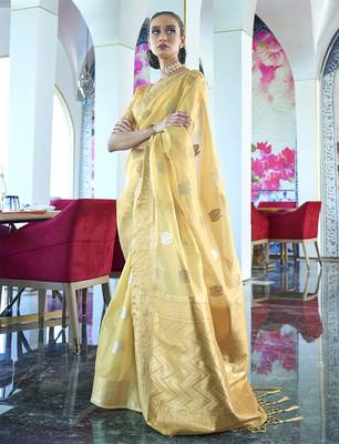 yellow yellow & green ethnic motifs zari silk blend banarasi saree 1