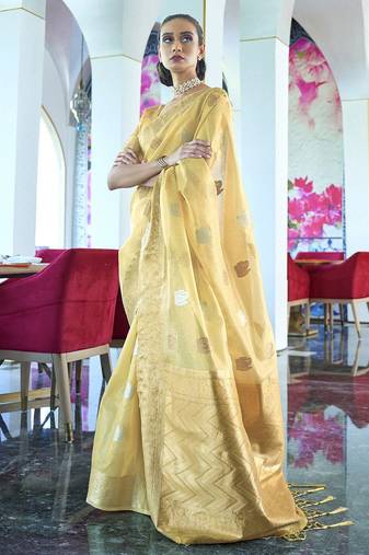yellow yellow & green ethnic motifs zari silk blend banarasi saree