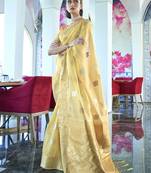 yellow yellow & green ethnic motifs zari silk blend banarasi saree