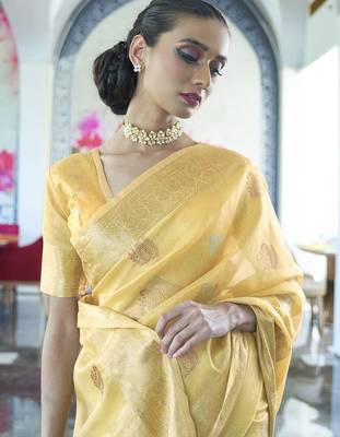 yellow yellow & green ethnic motifs zari silk blend banarasi saree 2