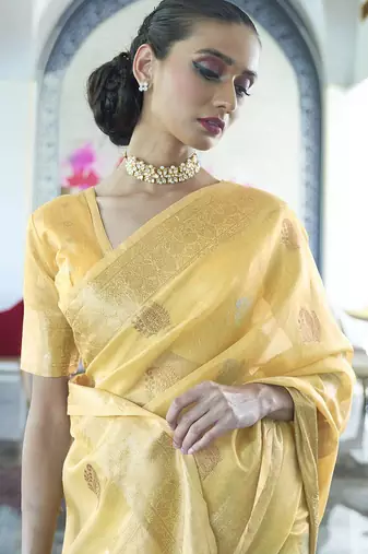 yellow yellow & green ethnic motifs zari silk blend banarasi saree