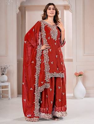 Red fandy silk embroidery party wear sharara  suit set 2