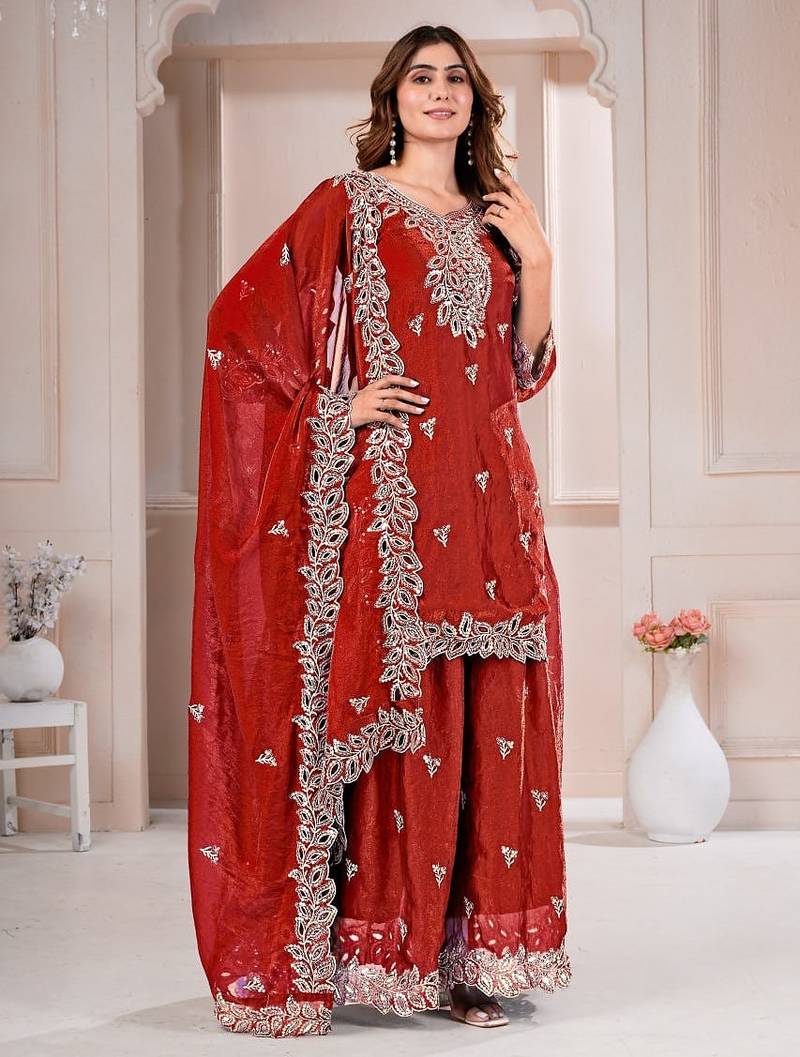 Red fandy silk embroidery party wear sharara  suit set