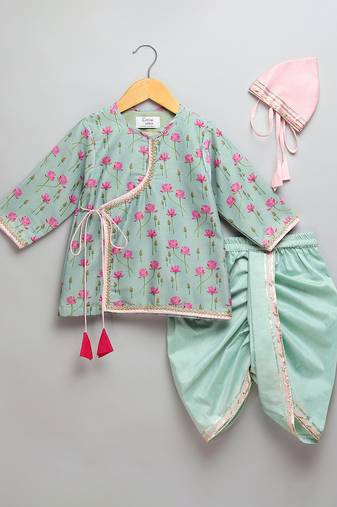 Mint green lotus printed cotton silk dhoti kurta set