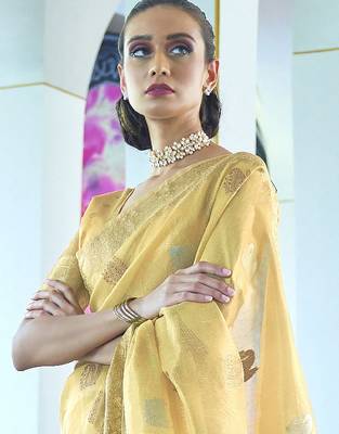 yellow yellow & green ethnic motifs zari silk blend banarasi saree 3