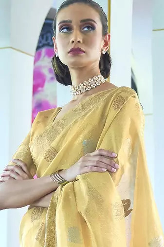 yellow yellow & green ethnic motifs zari silk blend banarasi saree