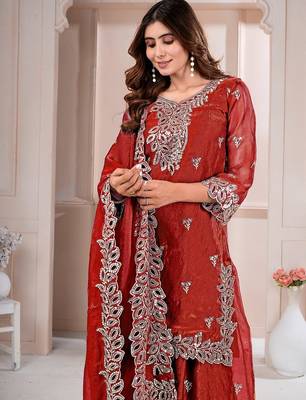 Red fandy silk embroidery party wear sharara  suit set 3