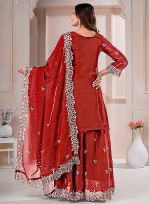 Red fandy silk embroidery party wear sharara  suit set 4