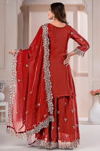 Red fandy silk embroidery party wear sharara  suit set